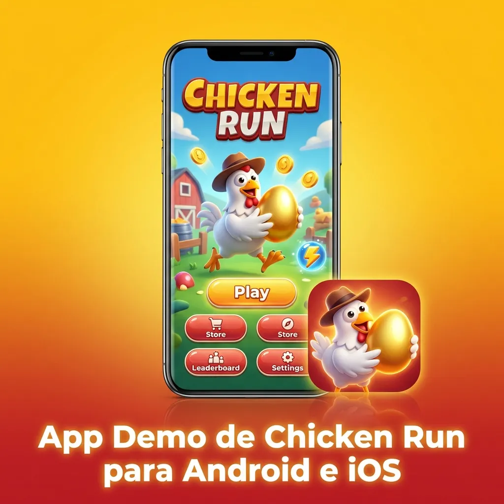 Chicken Run demo game on mobile casino app showing Android and iOS download options for smartphone gaming