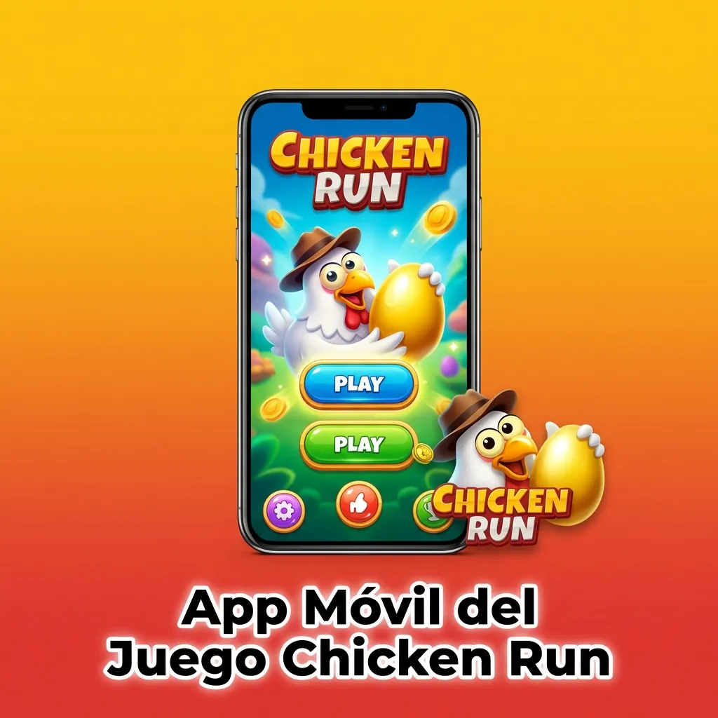 Interfaz de aplicación móvil del juego Chicken Run mostrando opciones de juego y notificaciones en smartphone